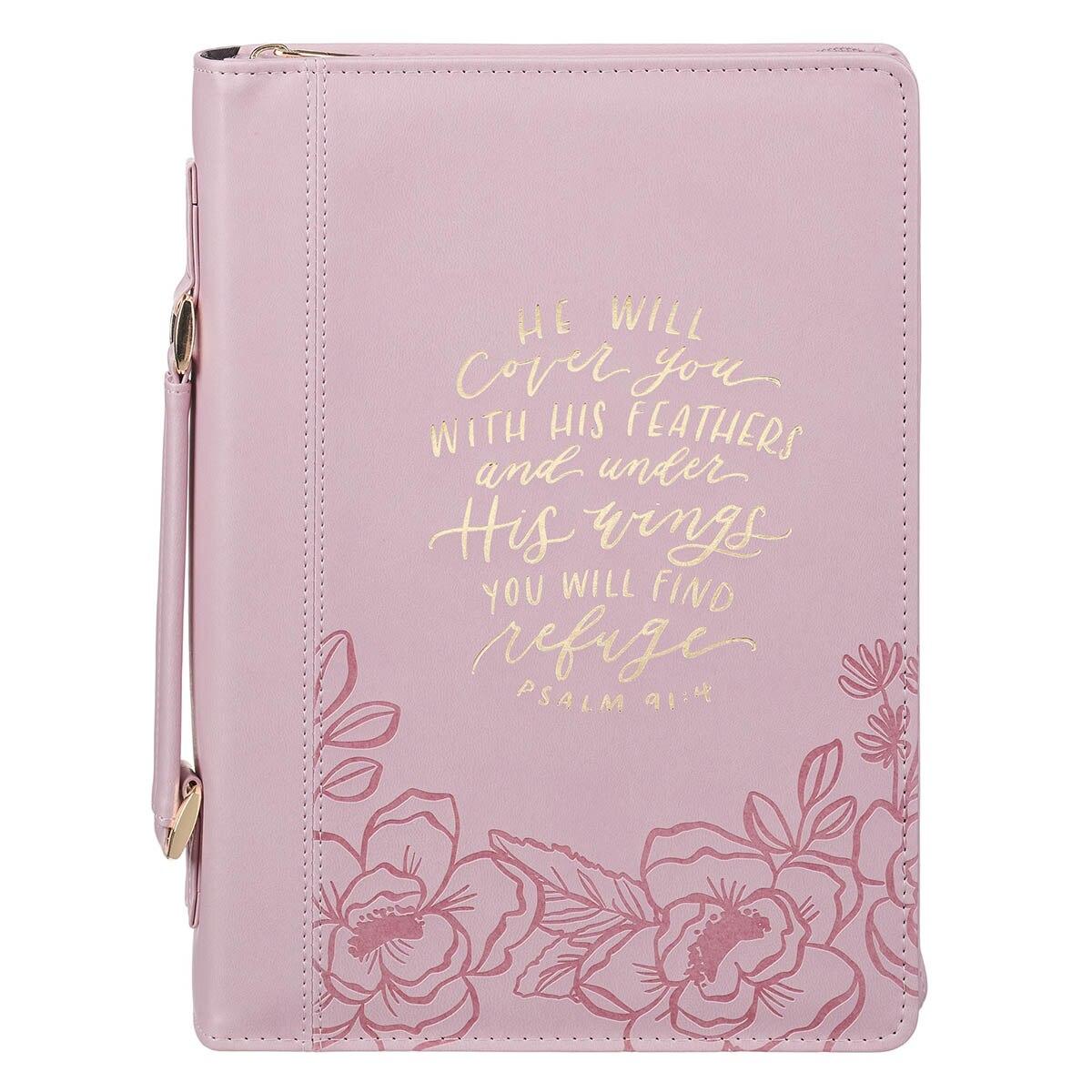 Productafbeelding: voorkant van He Will Cover You With His Feathers Ps. 91:4 Bible Cover Fashion Pink
