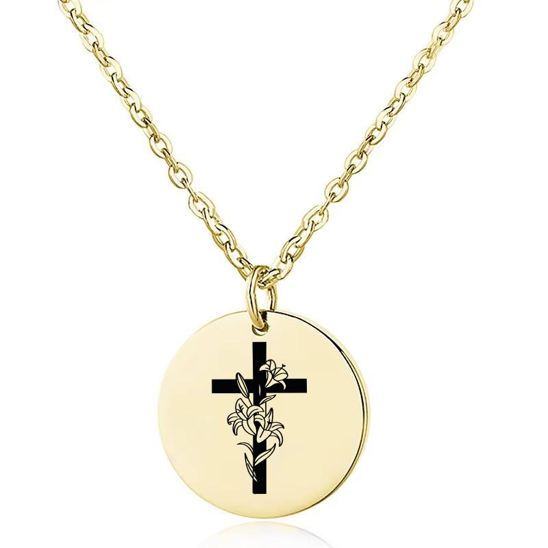 Productafbeelding: voorkant van Cross with flowers necklace gold stainless steel